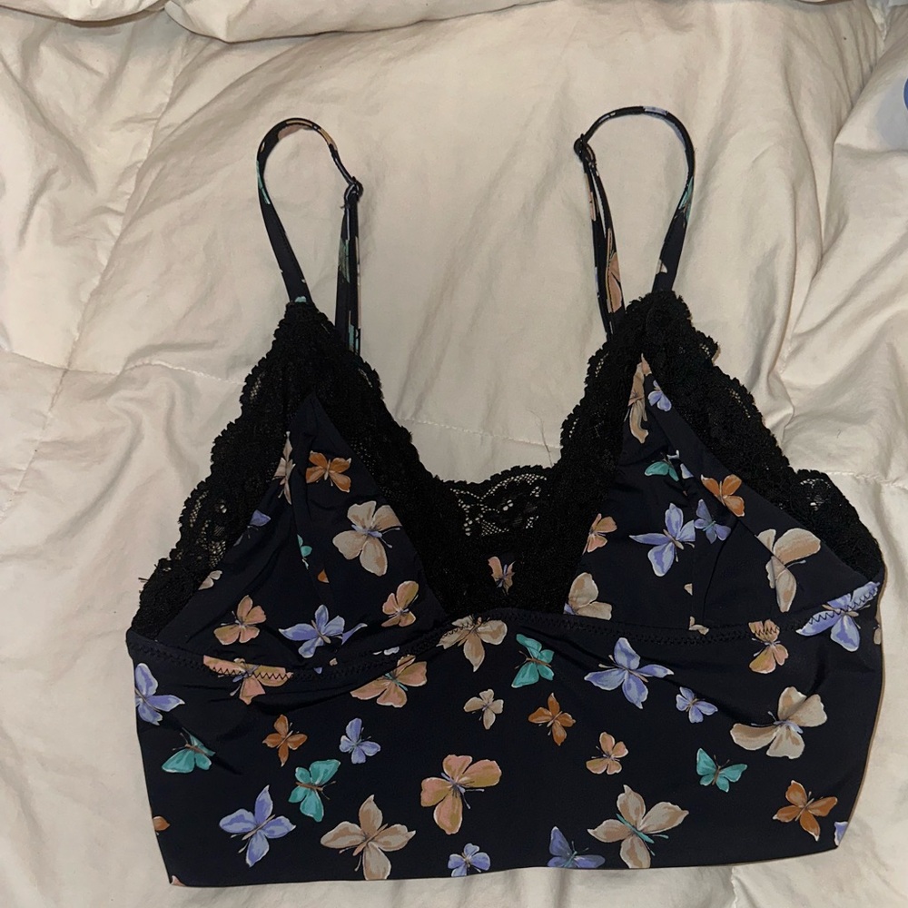 Floral Lace Trim Bralette - Black